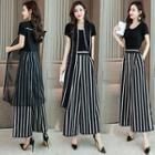 Set: Crew-neck Short-sleeve T-shirt + High Waist Wide-leg Pants + Open-front Long Jacket