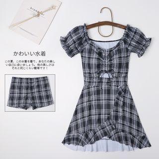 Set: Puff-sleeve Plaid Swim Dress + Shorts