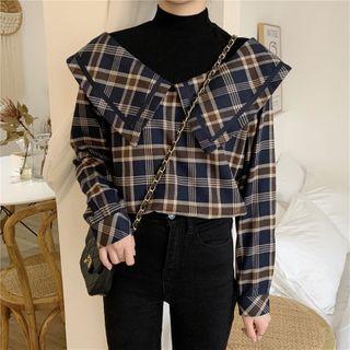 Turtle-neck Gingham Shirt Mock Two Piece Long-sleeve Top