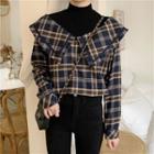 Turtle-neck Gingham Shirt Mock Two Piece Long-sleeve Top