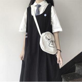 Set: Short-sleeve Plain Shirt + Check Panel Jumper Dress