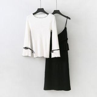 Set : Bow Long-sleeve Top + Spaghetti Strap Dress