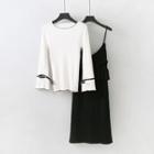 Set : Bow Long-sleeve Top + Spaghetti Strap Dress