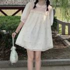 Elbow-sleeve Collared Floral Print Mini A-line Dress White - One Size