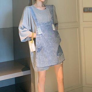 3/4-sleeve Denim Paneled Mini T-shirt Dress