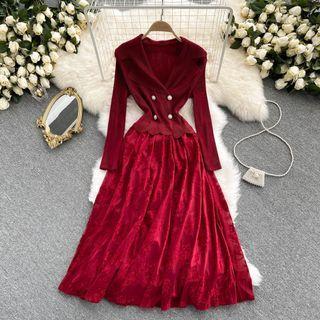 V-neck Long-sleeve Panel Lace Dress