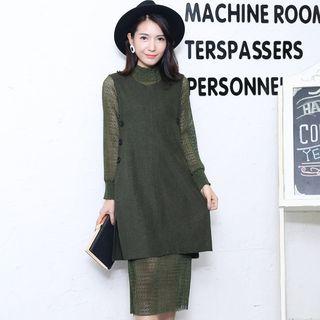 Set: Long-sleeve Dress + Buttoned Long Vest