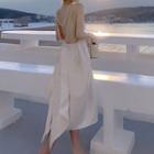 Sleeveless Open-back Faux Pearl Midi A-line Dress