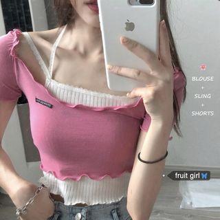 Short-sleeve Cropped Top / Spaghetti Strap Top / Denim Shorts