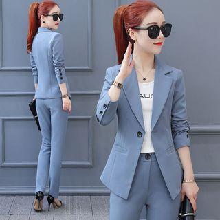 Set: Plain Single-button Blazer + High-waist Straight-fit Pants