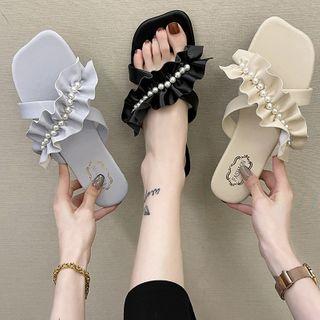 Faux Pearl Ruffle Faux Leather Slide Sandals