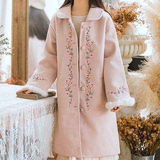 Furry Trim Embroidered Buttoned Coat