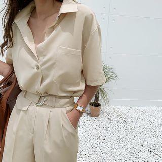 Short-sleeve Crepe Shirt Beige - One Size