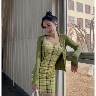 Spaghetti Strap Mini Plaid Dress / Ribbed Cardigan