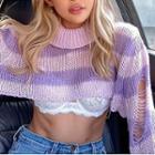 Striped Distressed Cropped Sweater Purple - M