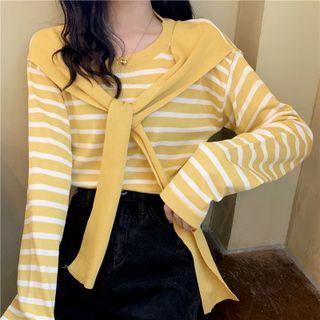 Long-sleeve Striped Mock Two-piece Knit Top