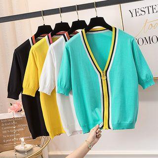 Elbow-sleeve Striped Zipped Knit Cardigan