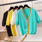 Elbow-sleeve Striped Zipped Knit Cardigan