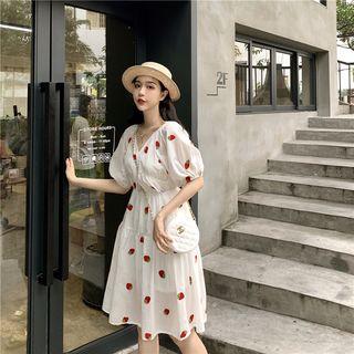 Strawberry Embroidered Puff-sleeve A-lline Dress