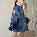 Spaghetti Strap Tie-dye Print Mini A-line Dress / Long-sleeve Shirt