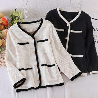 Round-neck Long-sleeve Button Color Panel Trim Jacket