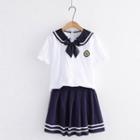 Set: Short-sleeve Sailor Collar Logo Embroidered Top + Mini A-line Skirt