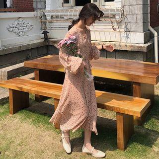 Long-sleeve Floral Print Midi A-line Chiffon Dress Orange Pink - One Size