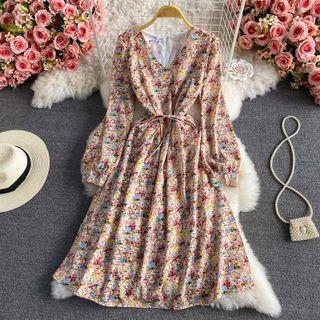V-neck Floral Chiffon Long Sleeve Dress