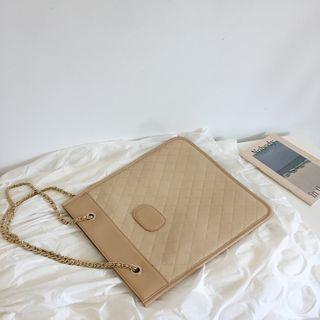 Faux Leather Quilted Panel Chain Strap Tote Bag Y597 - Almond - One Size