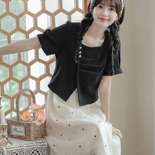 Puff-sleeve Mock Two-piece Flower Embroidered Midi A-line Dress
