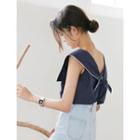 Wide-collar Sleeveless Tie-back Piped Cotton Top