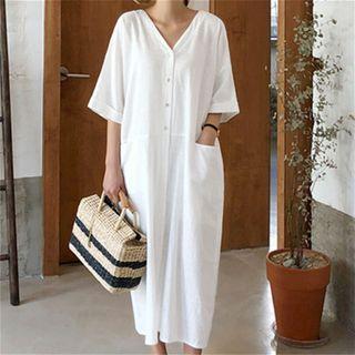 3/4-sleeve Slit Linen Maxi Dress