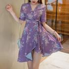Short-sleeve Floral Asymmetric A-line Mini Dress