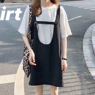 Crew-neck Elbow-sleeve T-shirt / Plain Pinafore Dress