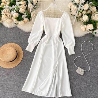 Bishop-sleeve Square-neck Midi A-line Dress