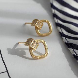 Rhinestone Hoop Stud Earring 1 Pair - 925 Silver - Gold - One Size