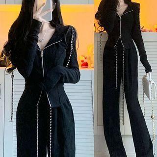 Set: Long Sleeve Plain Zip Jacket + Drawstring Waist Boot-cut Pants