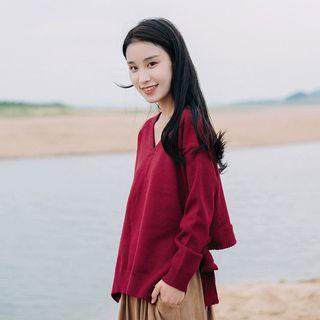 Plain V-neck Sweater Wine Red - One Size