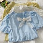 Lace Ribbon-accent Puff-sleeve Crop T-shirt