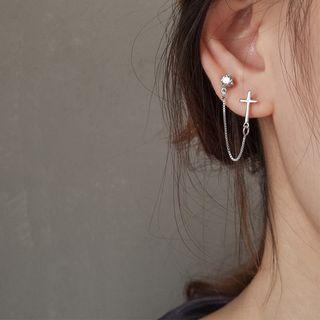 925 Sterling Silver Rhinestone Cross Chained Earring 1 Pair - Silver - One Size