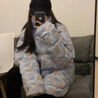 Graphic Print Padded Zip Jacket Light Blue - One Size