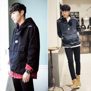 Lettering Embroidered Denim Hooded Pullover