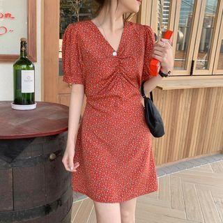 Floral Short-sleeve Shirred V-neck Mini A-line Dress