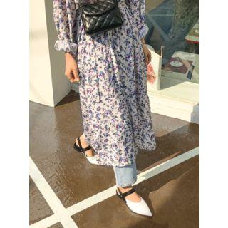 Open-placket Balloon-sleeve Floral Long Shirtdress