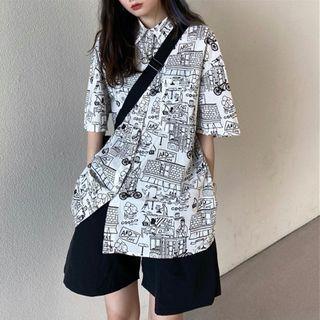 Elbow-sleeve All Over Print Shirt White - One Size