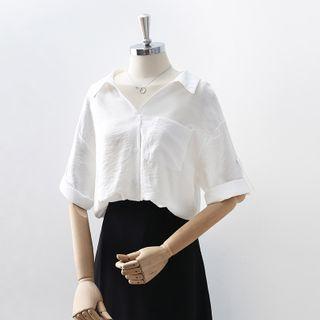 Plain Tie-back Short-sleeve Blouse White - One Size