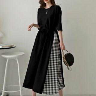 Drawstring Gingham-panel Maxi Dress