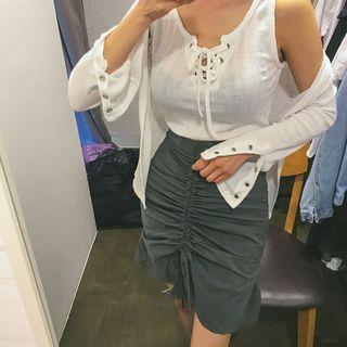 Set: Open-front Cardigan + Lace-up Sleeveless Top