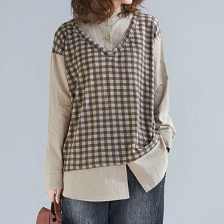 Mock Two-piece Checked Blouse