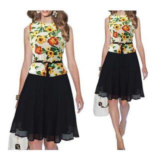 Mock Two-piece Floral Print Sleeveless Chiffon Dress